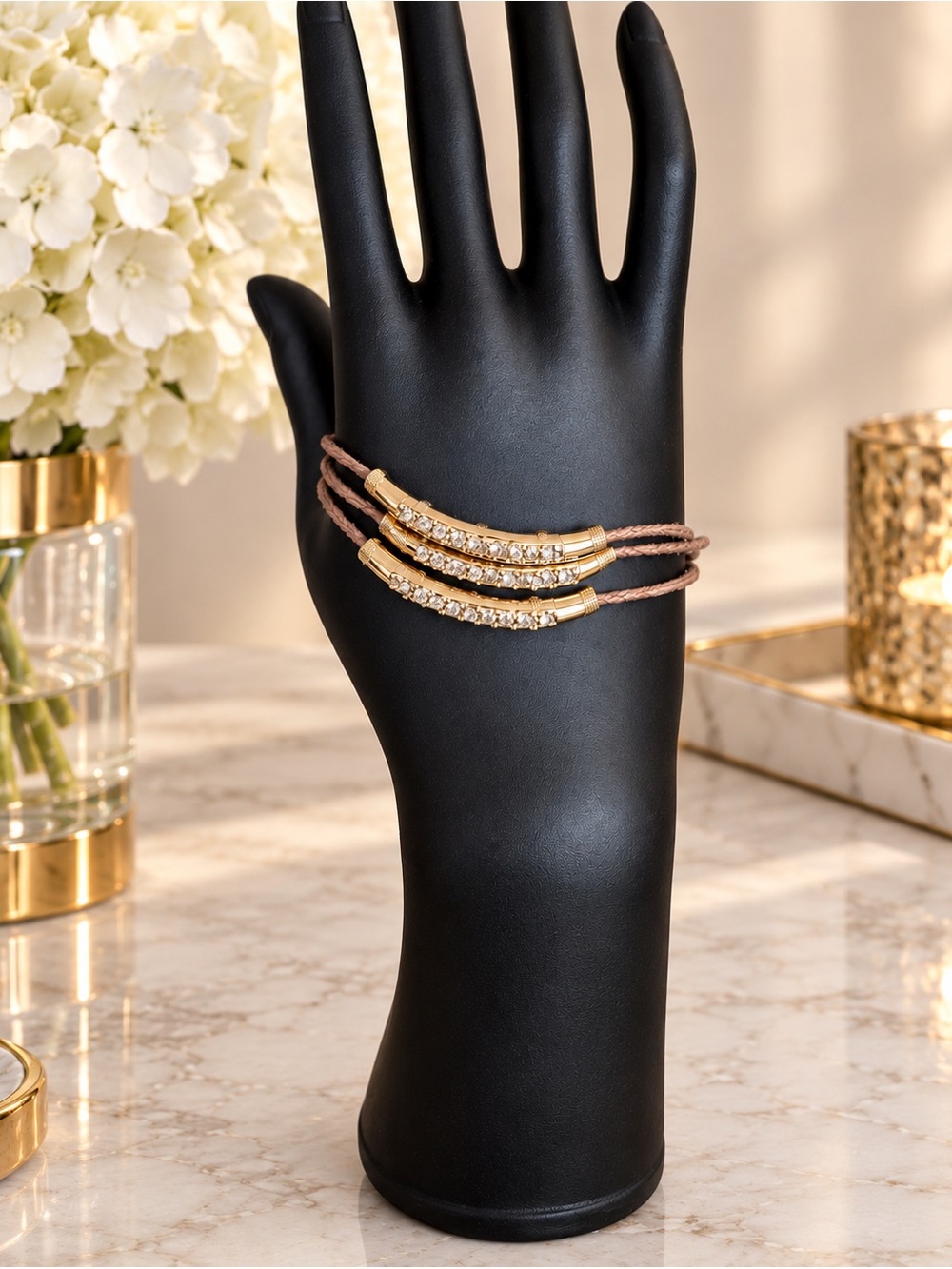 CHICO’S Gold-Tone and Tan Three-Layered Magnetic Closure Bracelet